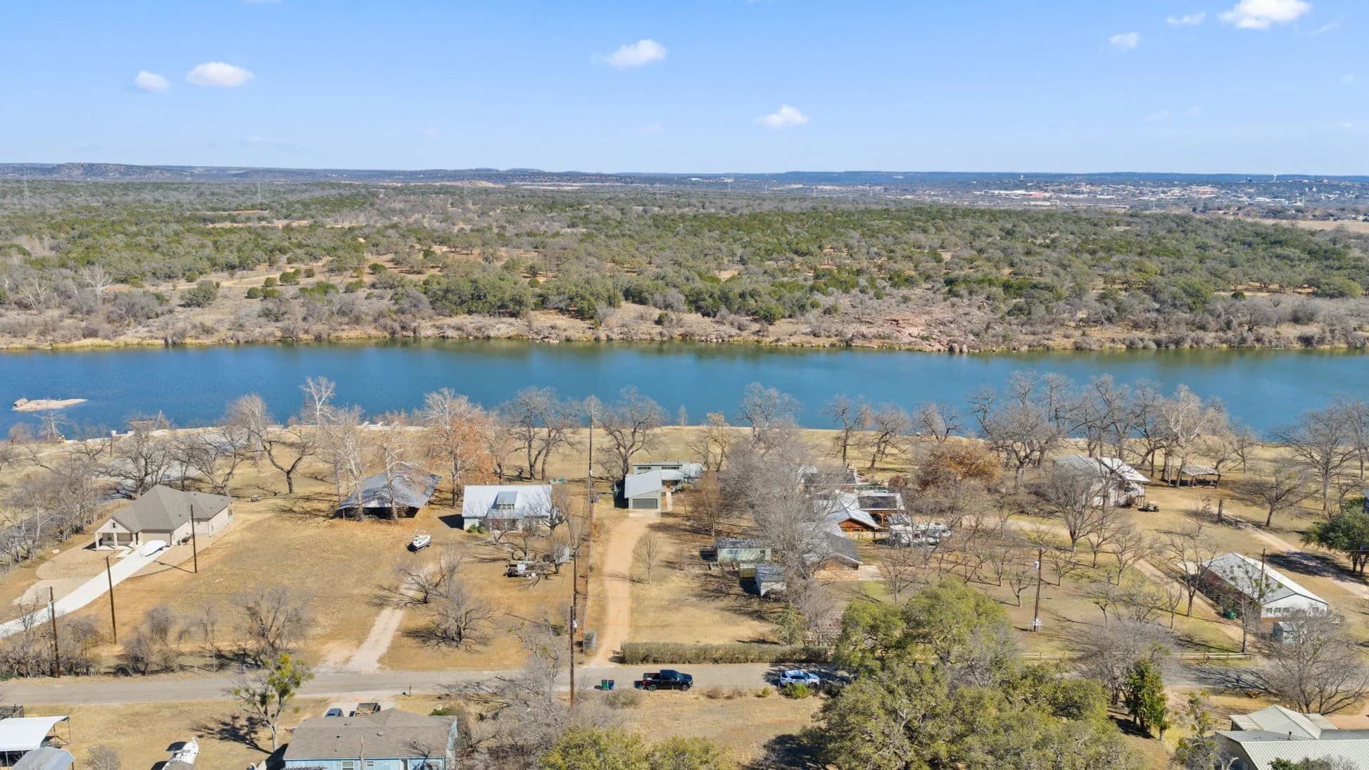 Aerial view across Lake Marble Falls near Cottonwood Shores.