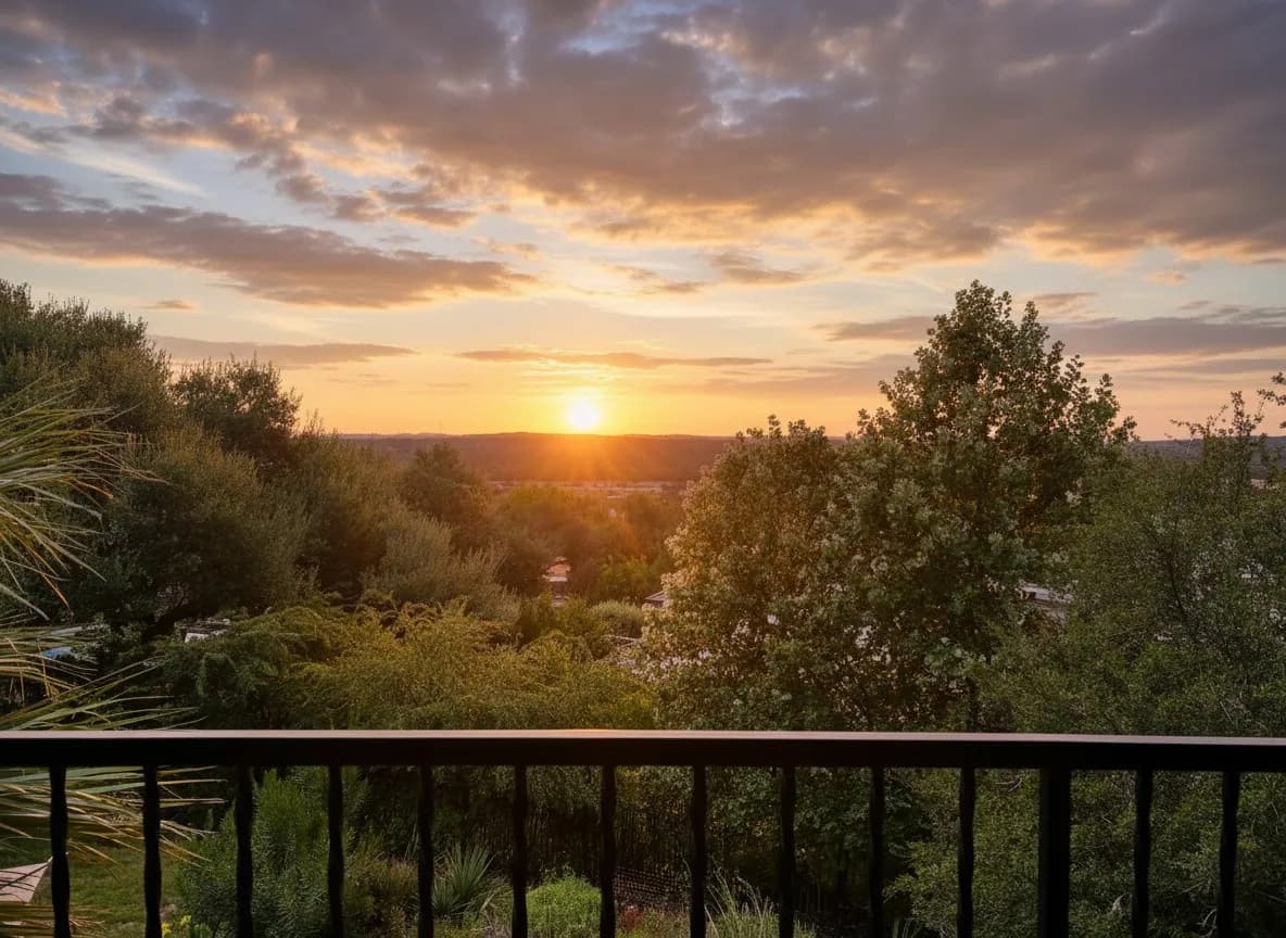 915 Campanile, San Antonio, TX – sold home, sunset view from the balcony